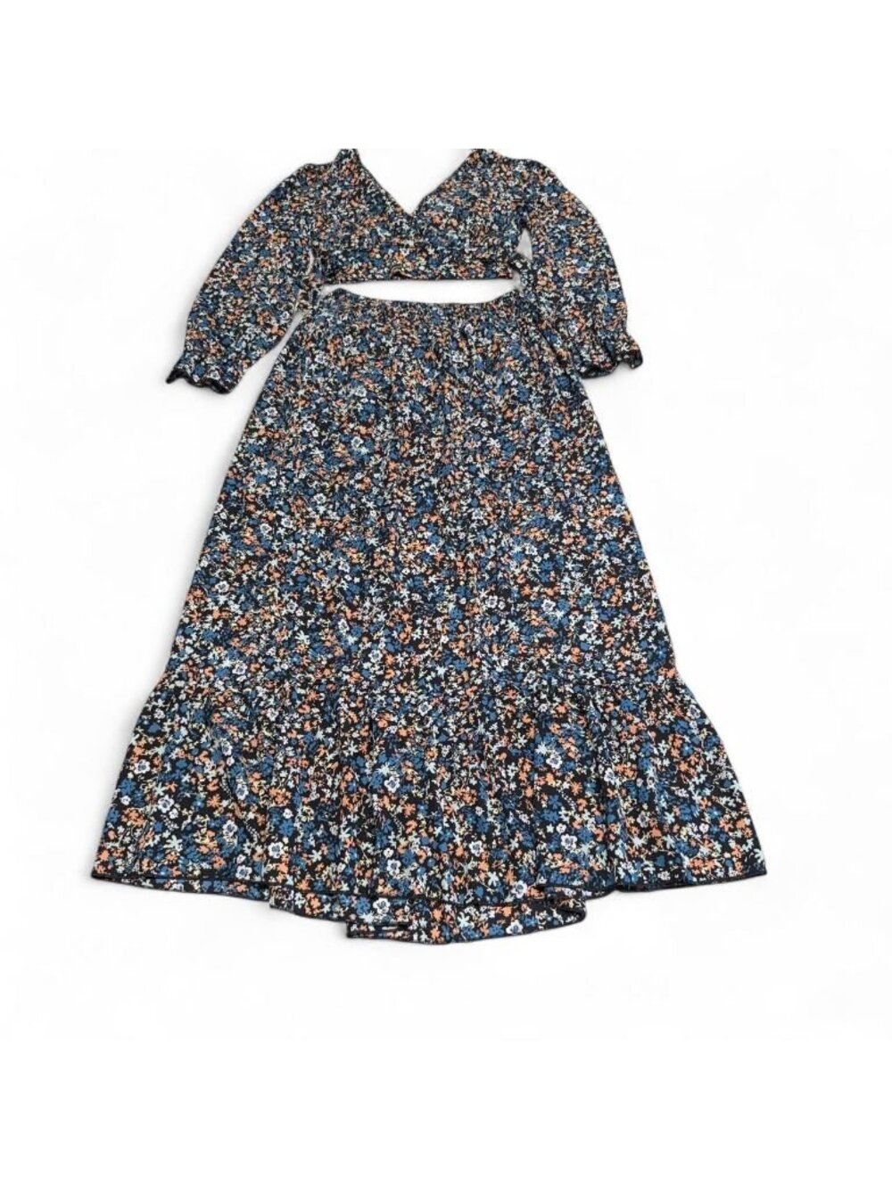 Floral Boho Maxi Skirt Crop Top Set Women's Small Summer Festival Cottagecore